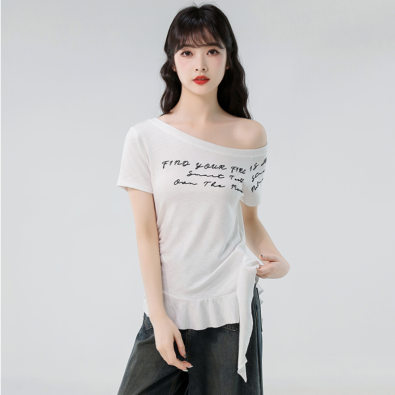 MY7821# 斜肩短袖t恤女夏设计感一字肩褶皱收腰不规则独特漂亮掐腰小上...