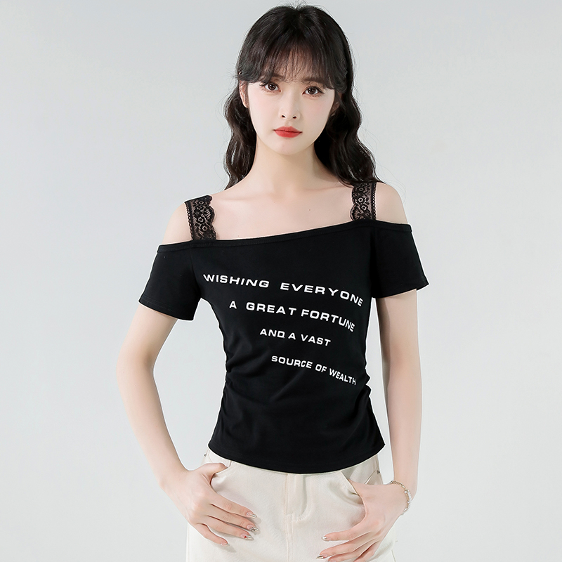 MY7819# 露肩一字领短袖t恤夏季新款蕾丝吊带假两件褶皱字母上衣女裝貨...