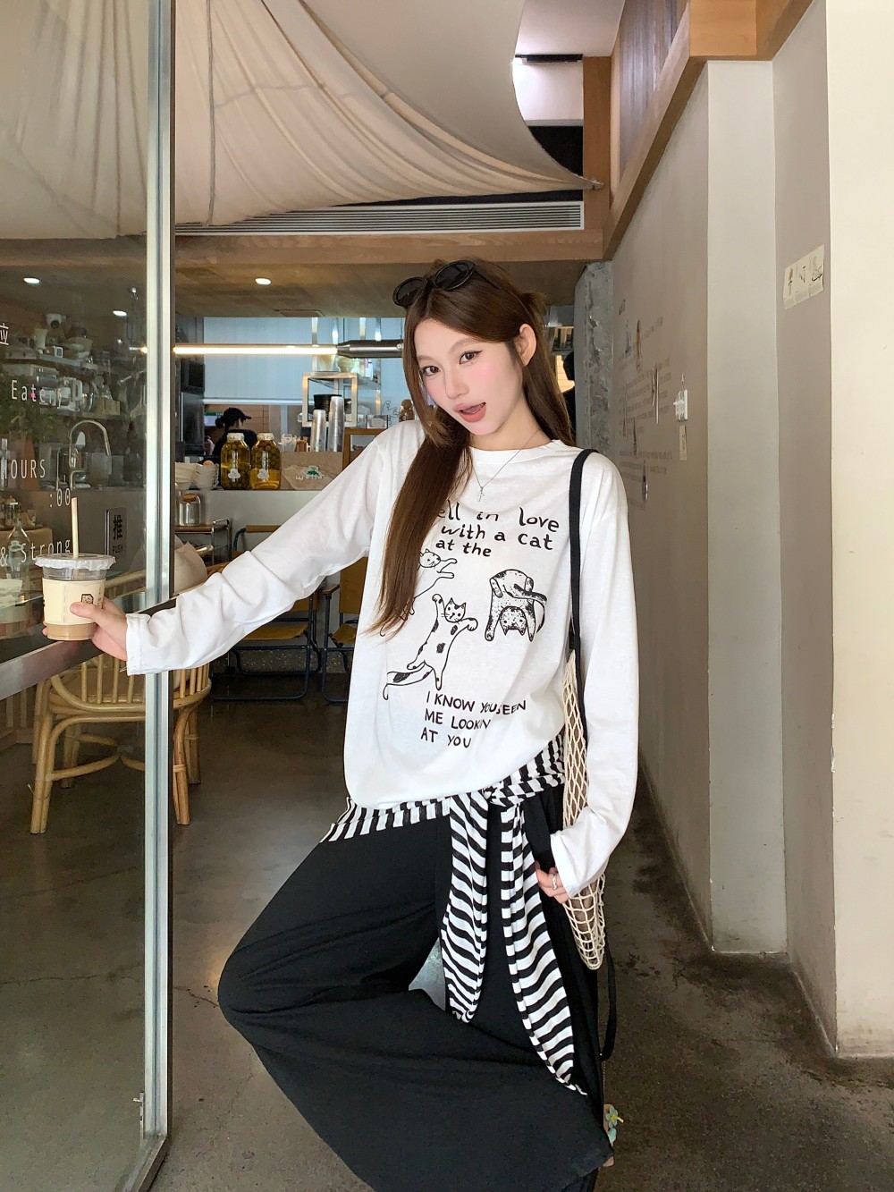 MY11580# 宽松休闲减龄趣味卡通印花长袖T恤女宽松百搭上衣ins女裝貨源服裝批發
