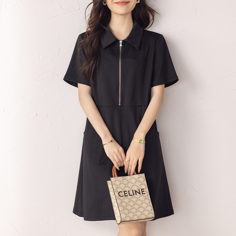 MY12274# 夏季新款a字裙欧货休闲翻领黑色连衣裙女女裝貨源服裝批發