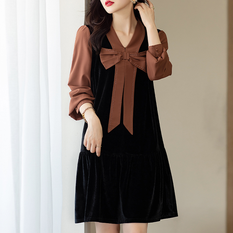 MY12330# 韩版撞色减龄可爱蝴蝶结丝绒长袖连衣裙女裝貨源服裝批發