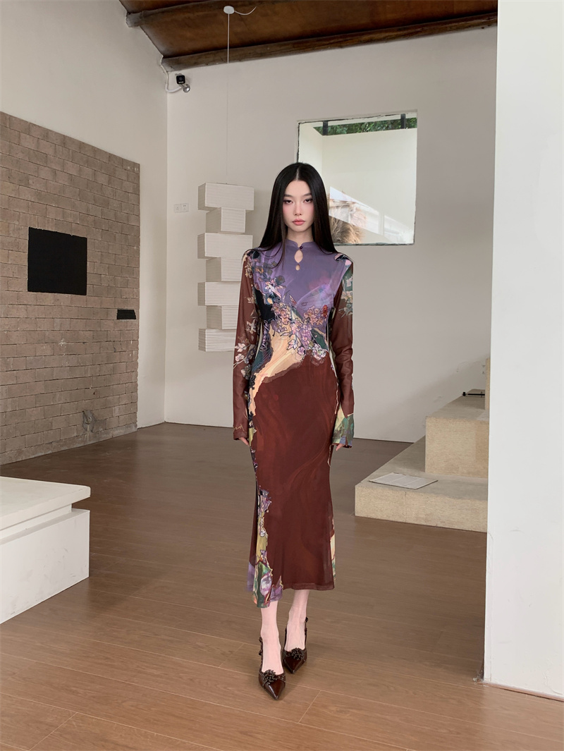 MY14940# 新中式撞色印花旗袍连衣裙女裝貨源服裝批發