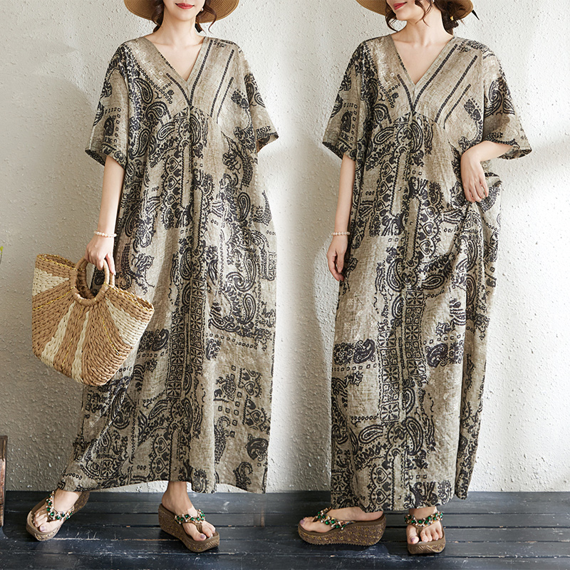 RY3352# 实拍大码原创法式高级感短袖v领薄棉麻印花宽松显瘦连衣裙女夏季