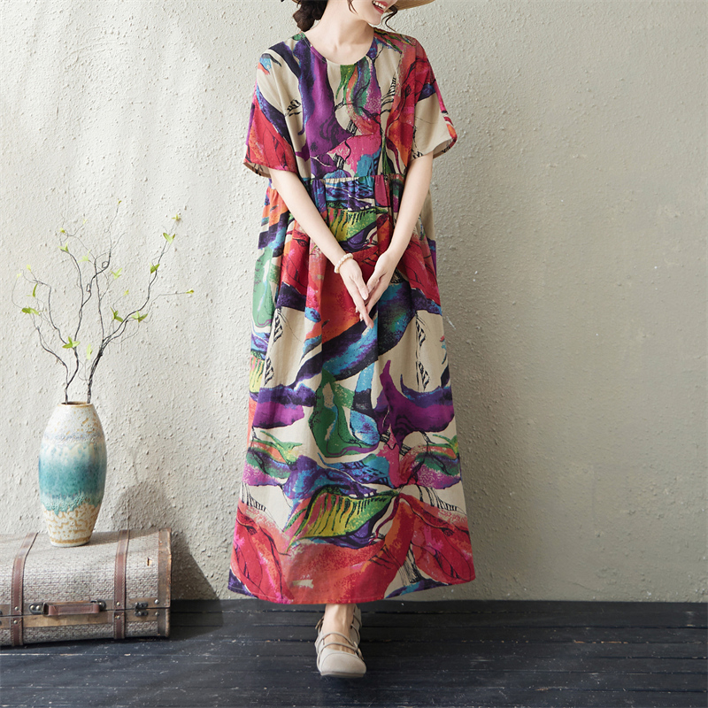 RY3350# 实拍26新款夏季文艺大码胖MM圆领宽松花色连衣裙外贸女衣长128