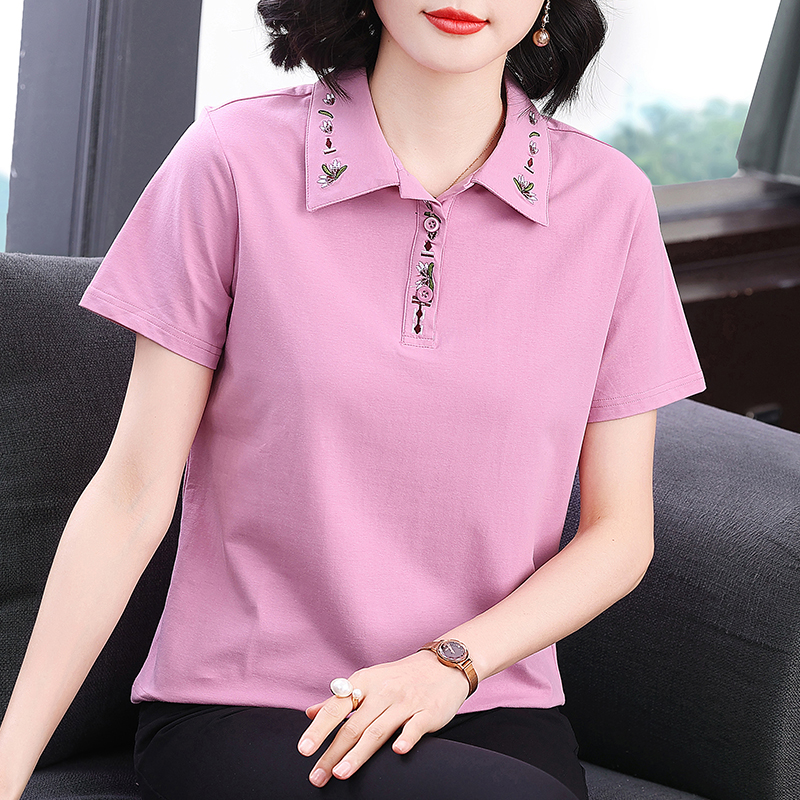 MY12677# 全棉短袖T恤女宽松有领夏装新款中老年妈妈修身装翻领pol...