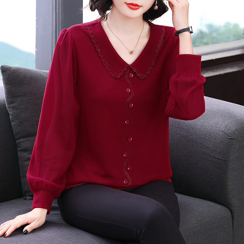 MY12672#秋季新款V领长袖袖上衣宽松大码洋气妈妈女装雪纺打底衫