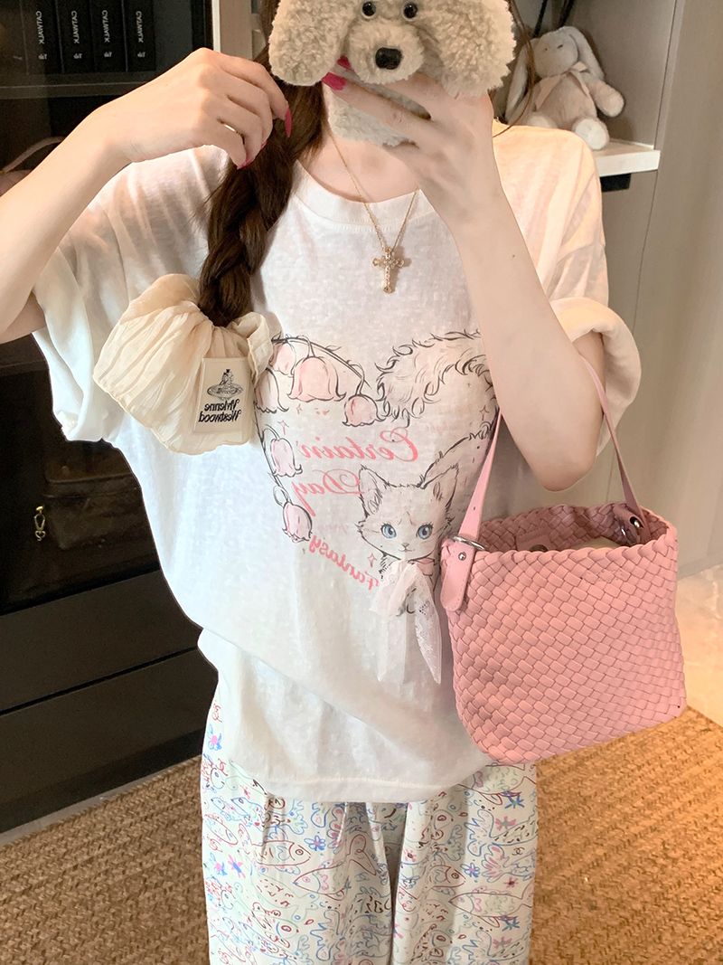 MY9525# 雪花亚麻短袖t恤夏新款蝴蝶结宽松圆领上衣韩版女装女裝貨源服裝批發