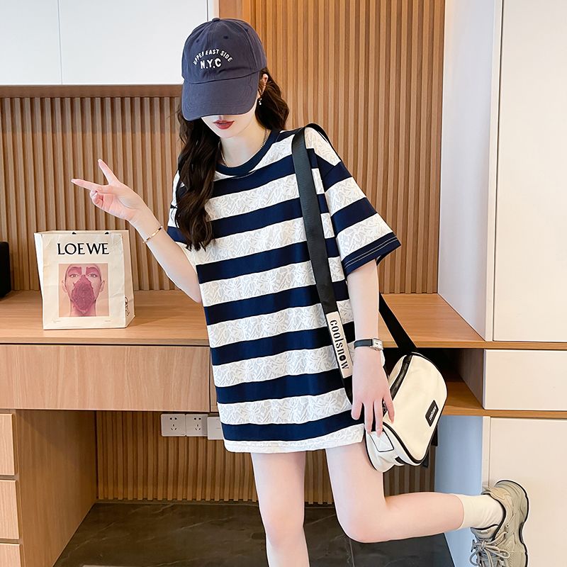 MY9522# 原版布料 | 后包领 | 中长款蕾丝拼接条纹T恤女女裝貨源服裝批發