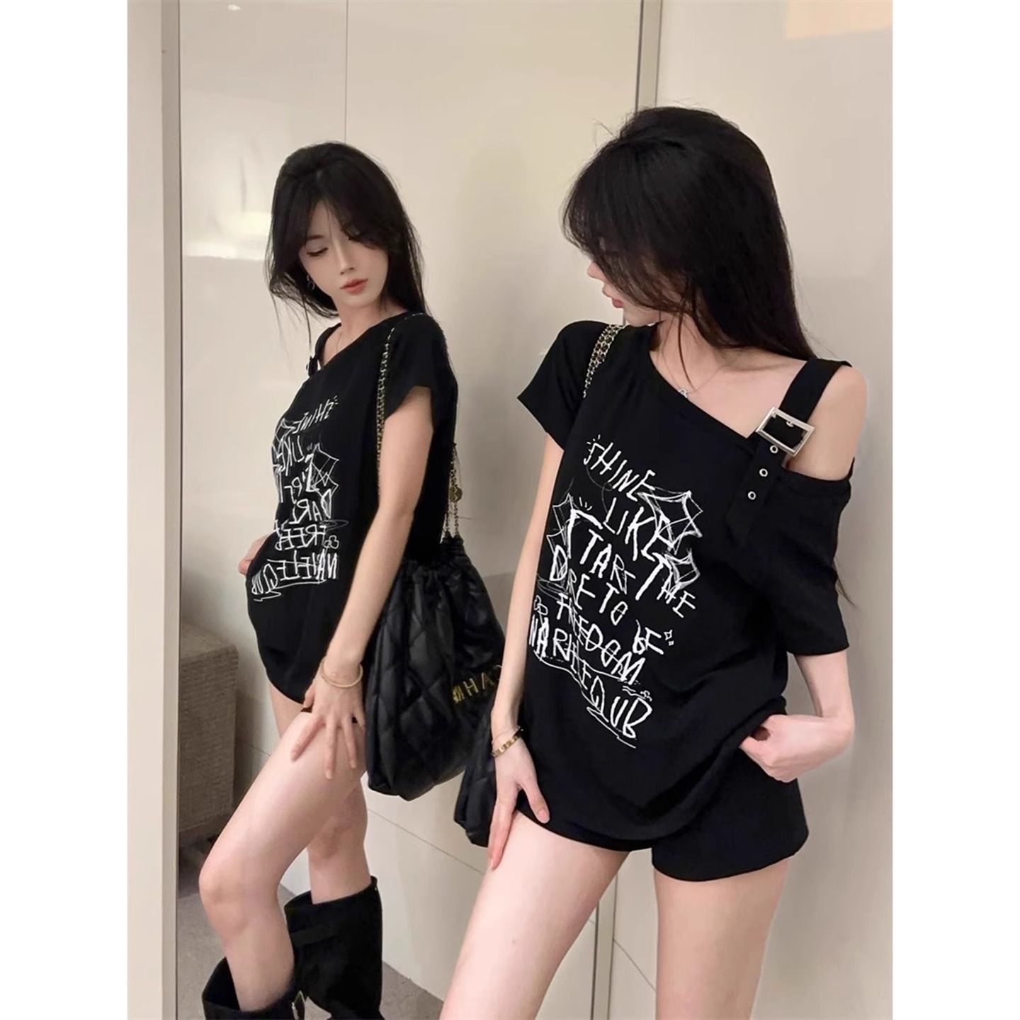 MY11015# 纯棉螺纹短袖t恤夏新款潮宽松涂鸦印花露肩斜领上衣女装女裝貨源服裝批發