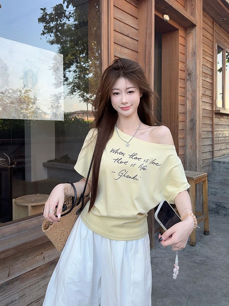 MY11014# 晨雾棉短袖t恤夏2025新款短款宽松印花斜领上衣大码女装女裝貨源服裝批發