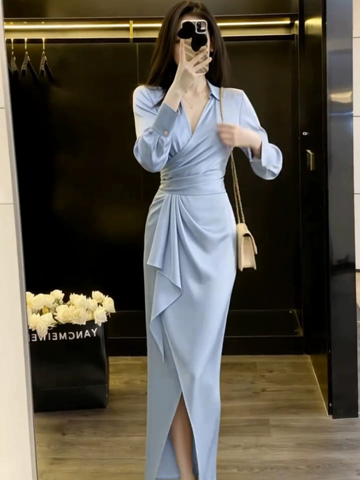 MY16461# 御姐轻熟风蓝色衬衫连衣裙新款气质感收腰显瘦绝美裙子女裝貨...