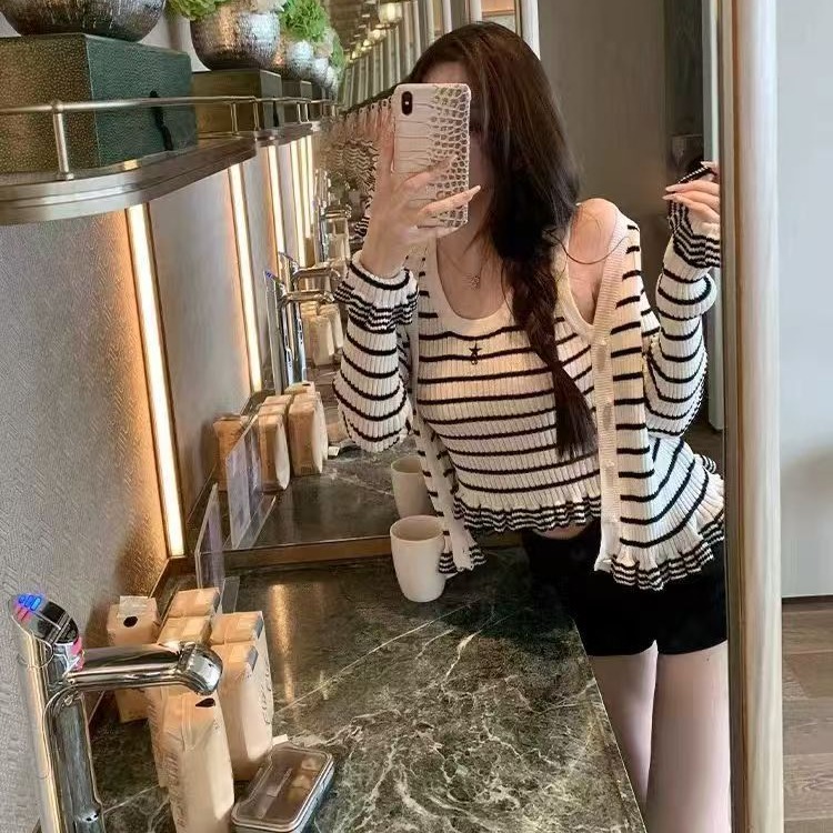 MY13605# 小香风条纹针织开衫女辣妹短款上衣吊带两件套巨好看绝美毛衣...