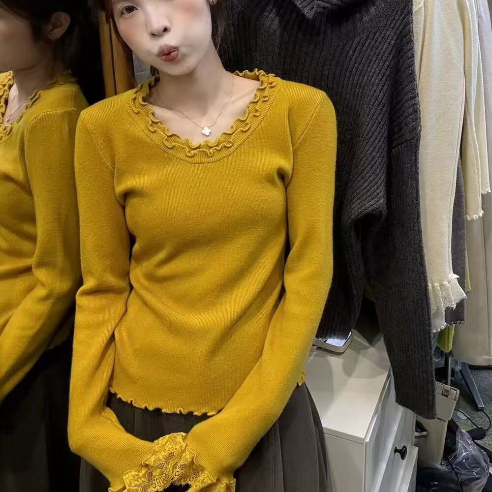 MY14720# 蕾丝新款韩版打底衫长袖减龄百搭舒适别致上衣休闲针织衫通勤...