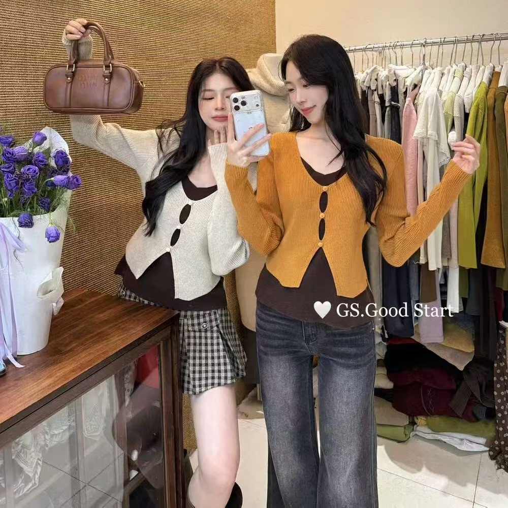 MY14719# 假两件撞色爆款主推必爆' 针织毛衣叠穿系列闭眼女裝貨源服...