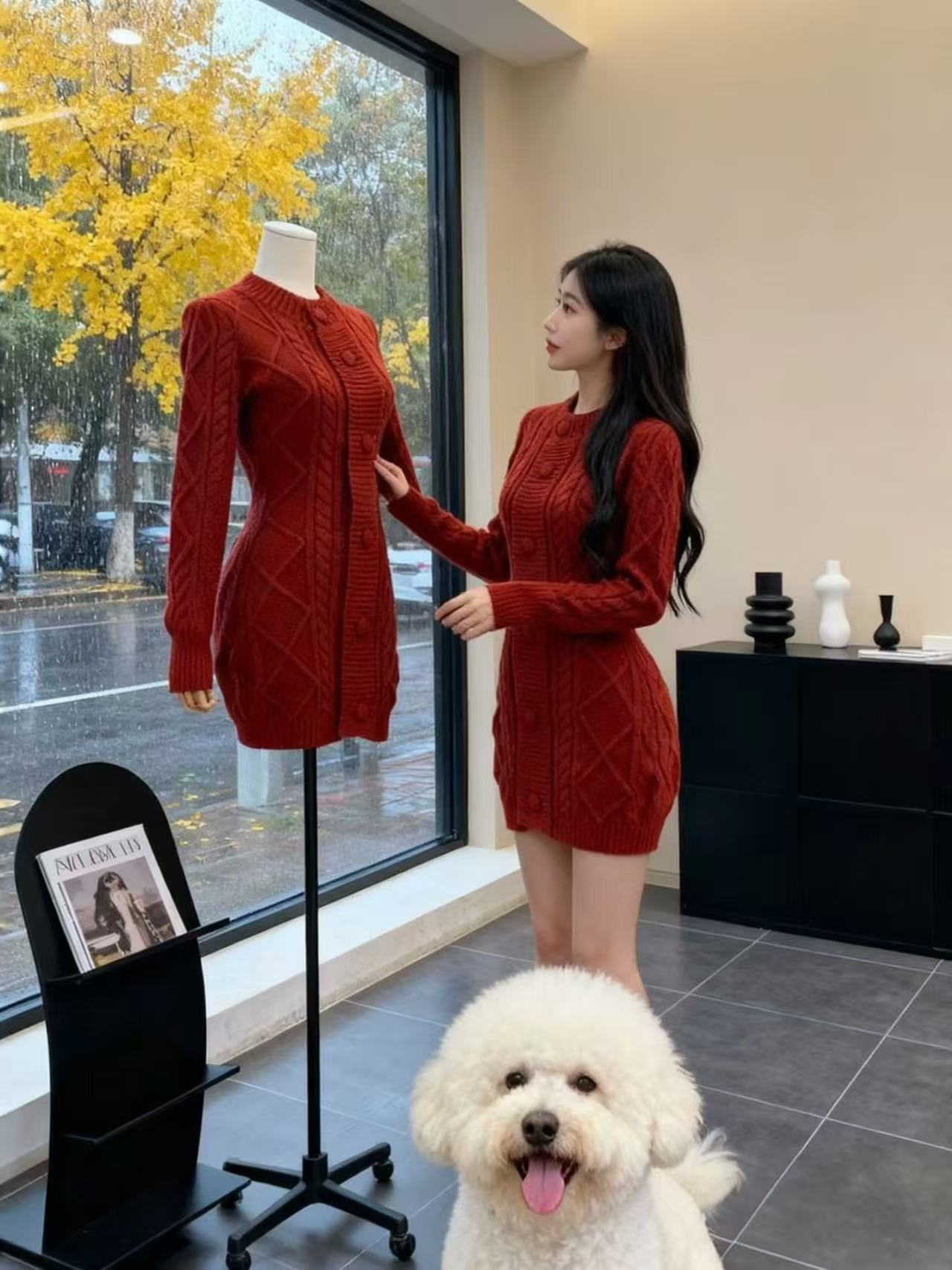 MY15945# 韩国巨好看的红色针织毛衣连衣裙子女装新款包臀短裙女裝貨源服裝批發