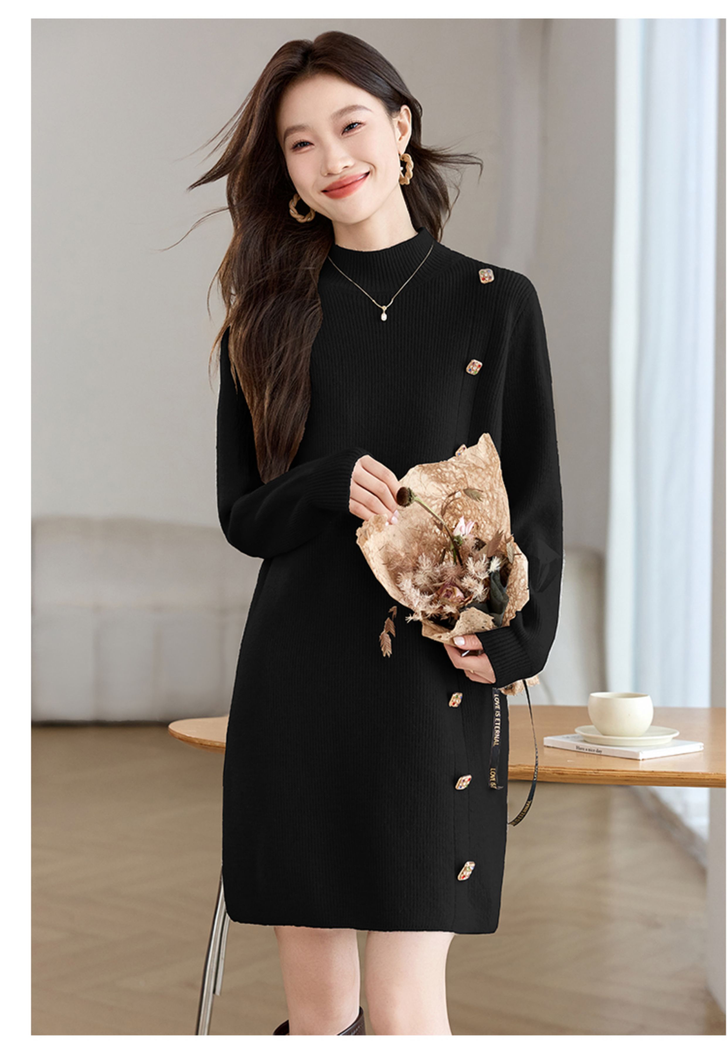 MY14762# 小个子单穿中长款显瘦毛衣裙半高领打底针织连衣裙女裝貨源服...