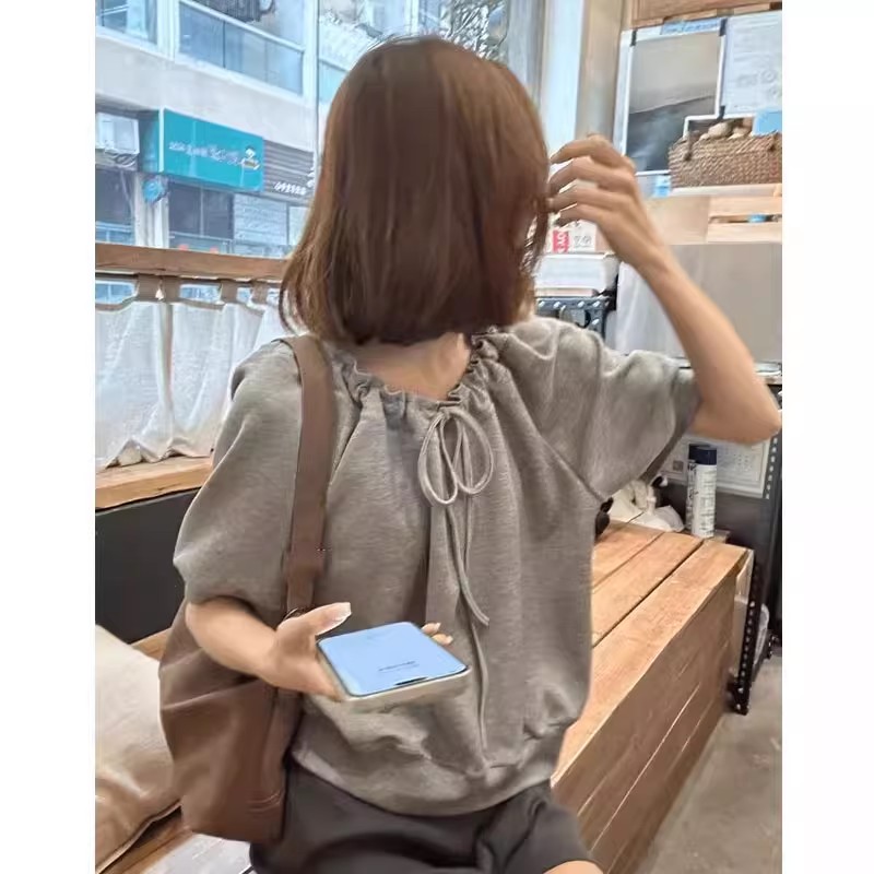 MY17372# 灰色抽绳斜肩短袖t恤韩系宽松显瘦超好看独特漂亮露肩上衣女...