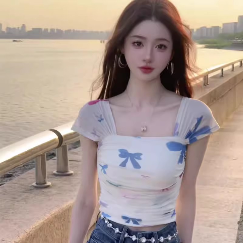 MY17366# 夏日ootb多胺巴穿搭方领短袖t恤女修身别致独特超好看小...