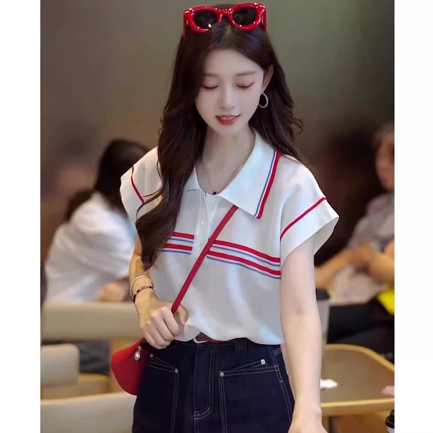 MY17364# 白色条纹冰丝针织短袖上衣韩系宽松高级感配丝巾polo衫t...