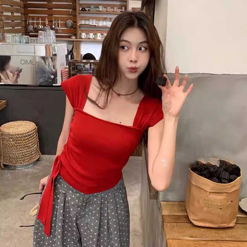 MY17358# 红色飘带方领短袖t恤新款夏季修身显瘦别致独特漂亮小上衣女裝貨源服裝批發