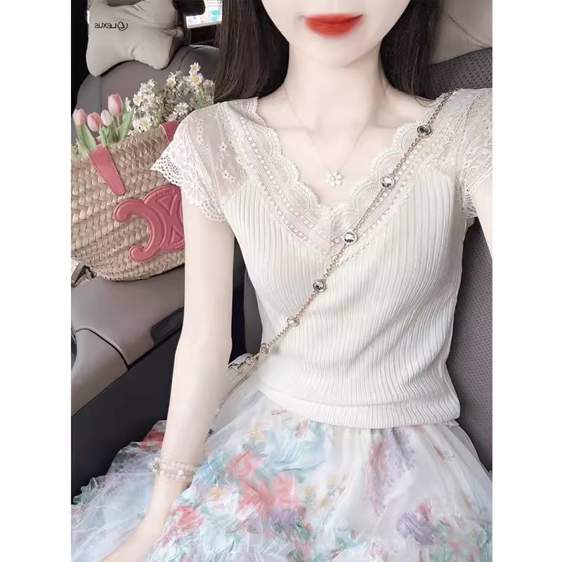 MY17361# 法式蕾丝拼接v领短袖针织衫修身显瘦设计感独特漂亮小上衣女...