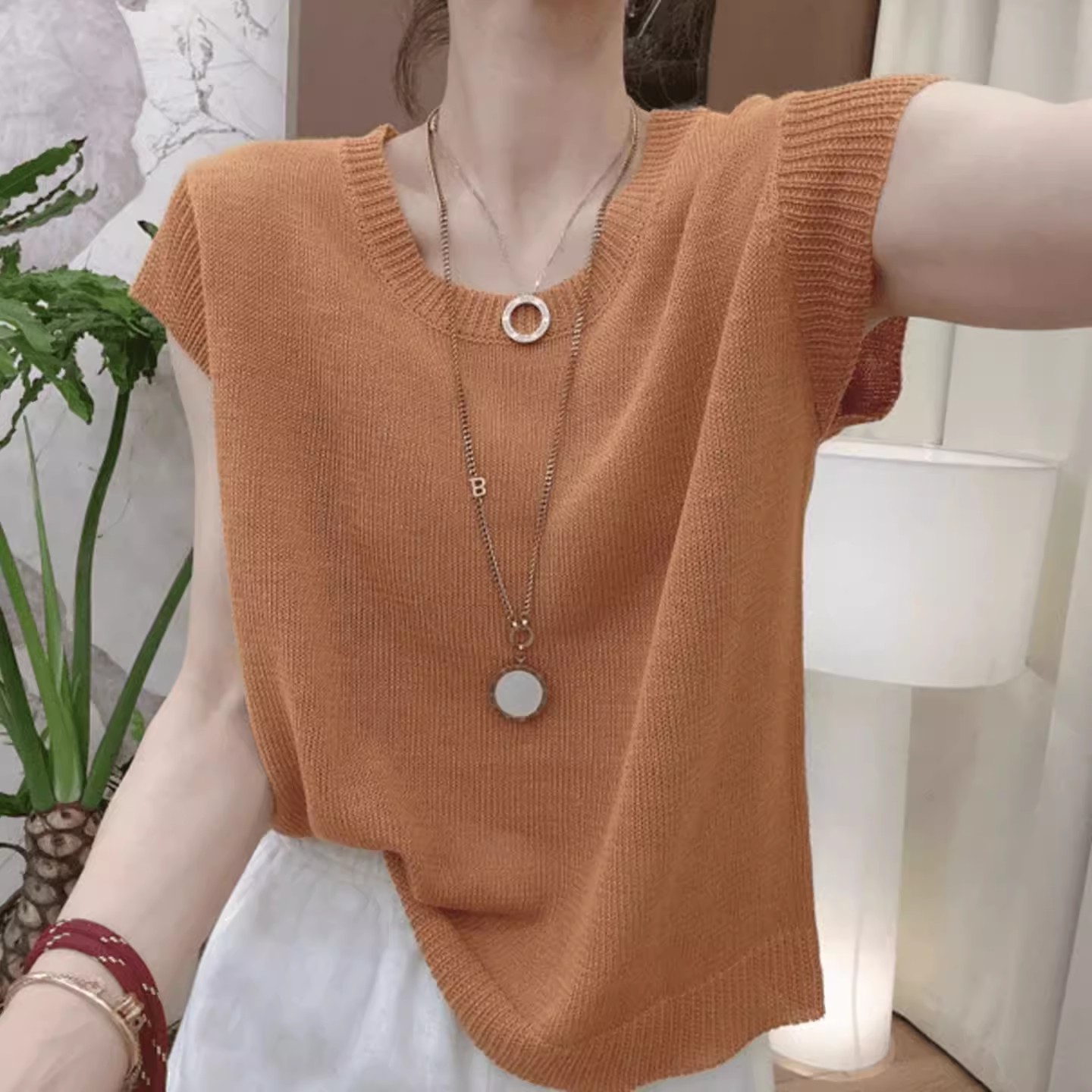 MY17359# 橘色圆领正肩冰丝针织短袖t恤宽松显瘦独特漂亮减龄款上衣女...