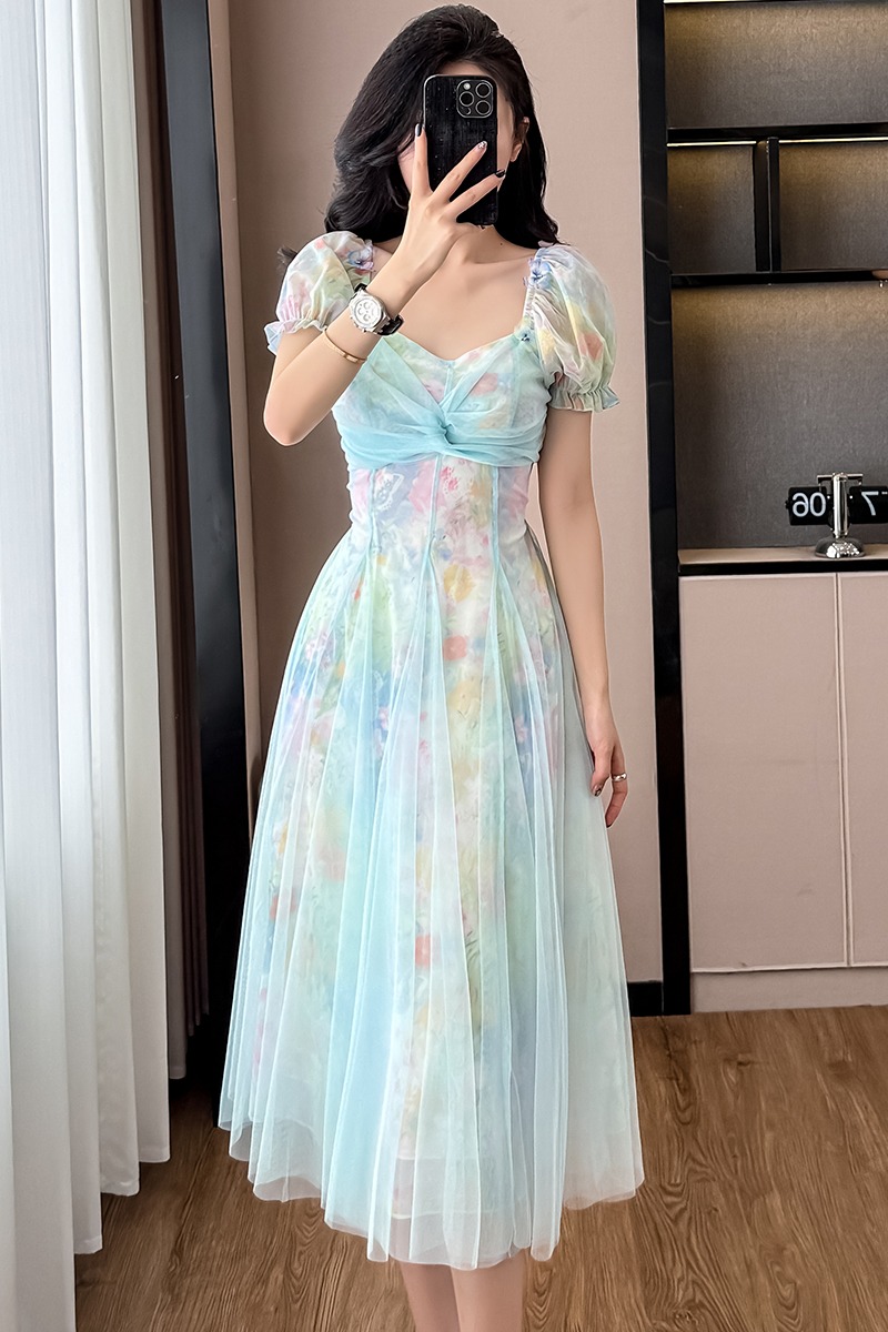 實拍2025夏季法式純欲風小眾印花長裙海邊度假風連衣裙