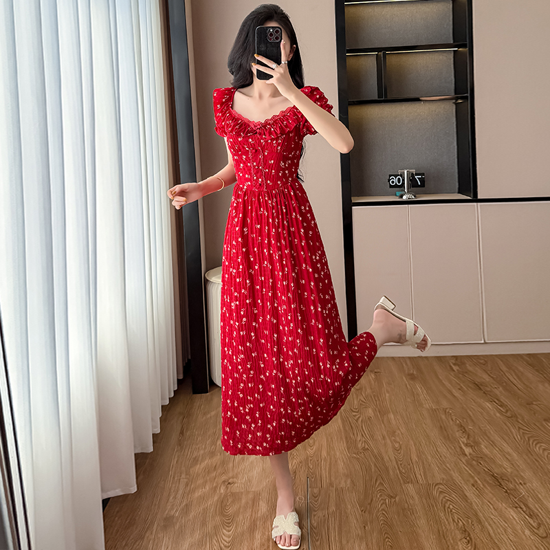 2025新款法式紅色波點連衣裙子夏季女裝獨特漂亮絕美收腰顯瘦長裙