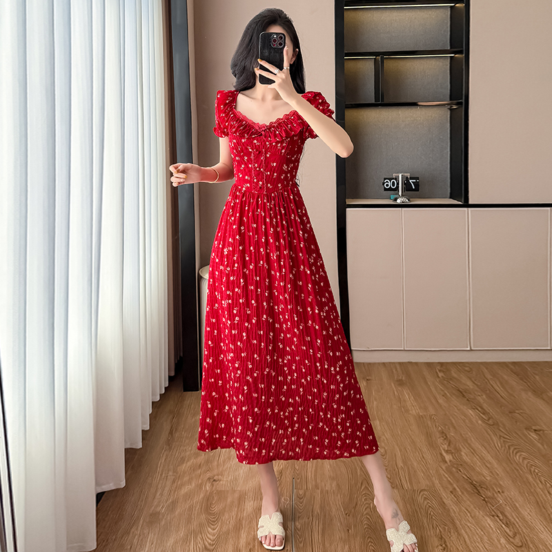 2025新款法式紅色波點連衣裙子夏季女裝獨特漂亮絕美收腰顯瘦長裙