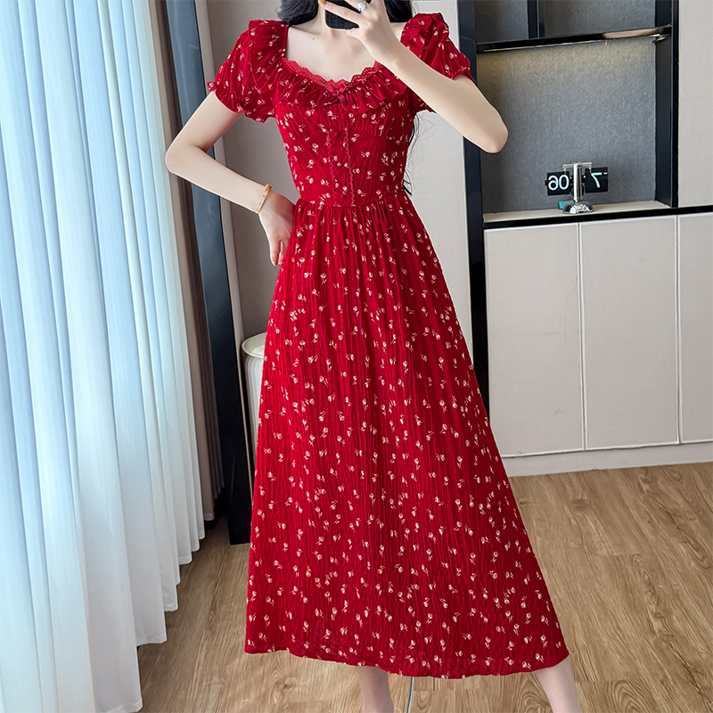 2025新款法式紅色波點連衣裙子夏季女裝獨特漂亮絕美收腰顯瘦長裙