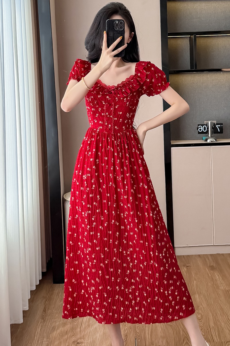 2025新款法式紅色波點連衣裙子夏季女裝獨特漂亮絕美收腰顯瘦長裙