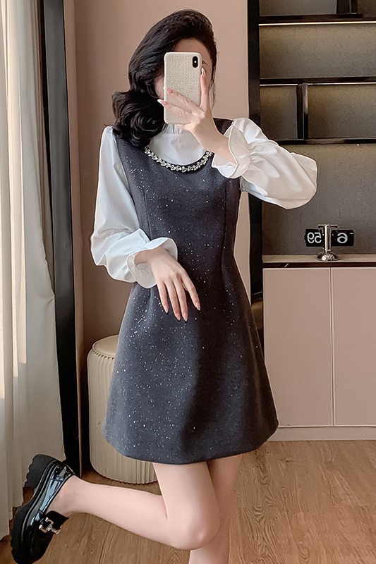小洋裝兩件套連衣裙女秋冬法式名媛穿搭背心裙花邊長袖襯衫套裝裙