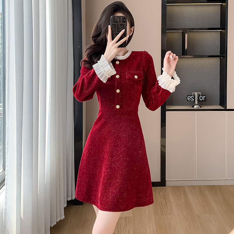 名媛小香風紅色連衣裙女秋冬季2025新款洋氣本命年敬酒服女士短裙