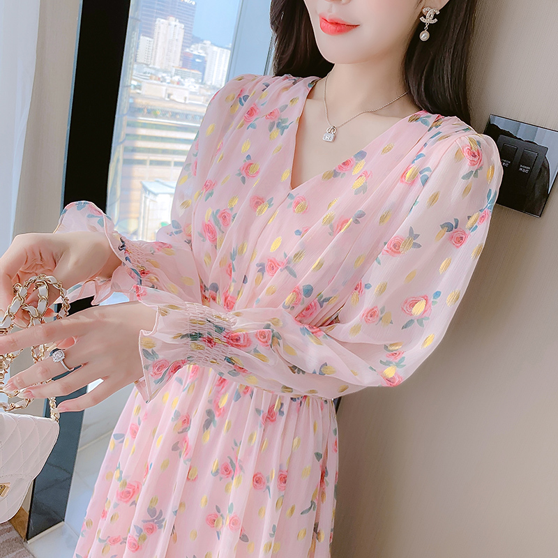 碎花雪紡連衣裙子女裝早春秋冬季2025新款高端精致小個子長袖法式