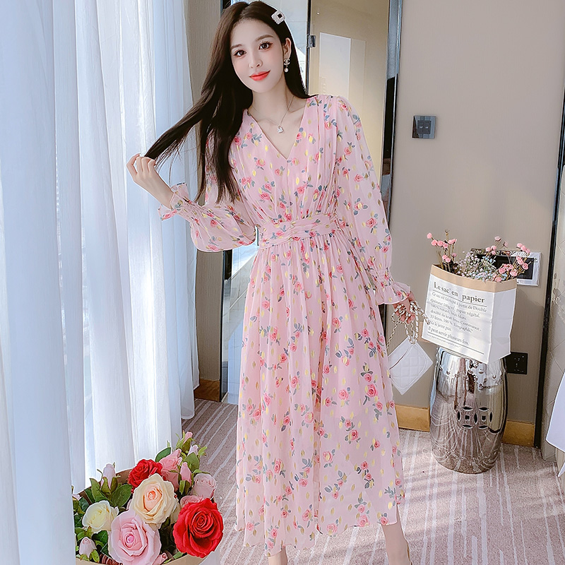 碎花雪紡連衣裙子女裝早春秋冬季2025新款高端精致小個子長袖法式