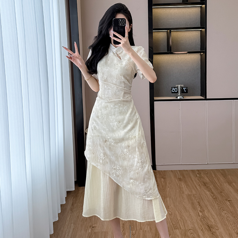 新中式國風改良旗袍連衣裙女夏季重工刺繡高級感不規則假兩件長裙