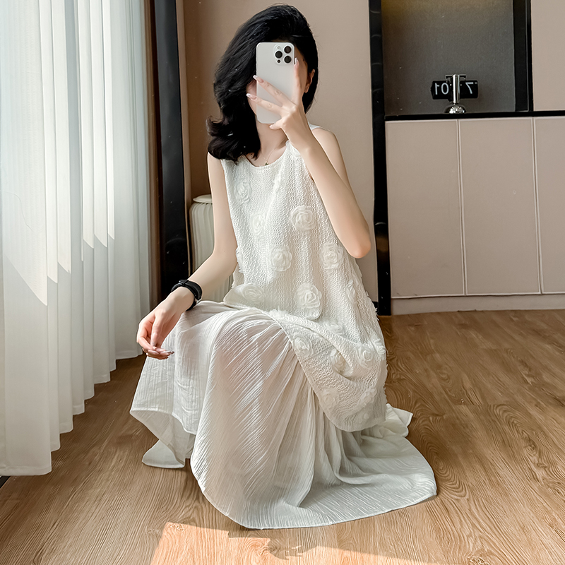 重工花朵拼接背心連衣裙女夏季新款無袖背心裙寬松大擺裙子