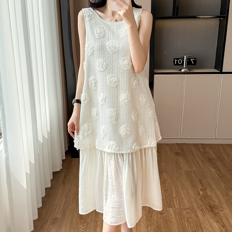 重工花朵拼接背心連衣裙女夏季新款無袖背心裙寬松大擺裙子