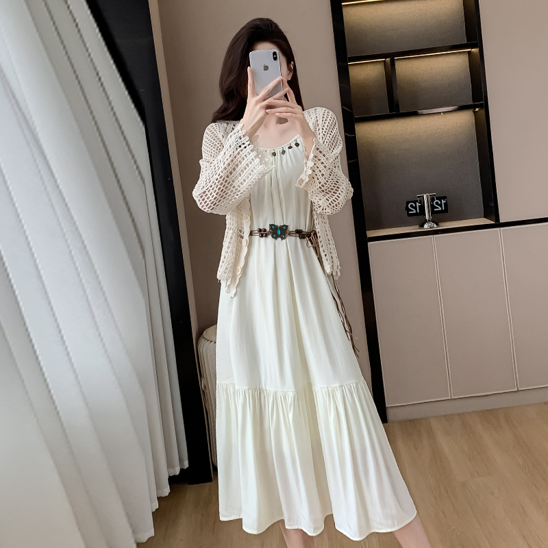 鹽系設計感時尚長裙超仙系帶露背純色甜美連衣裙兩件套女