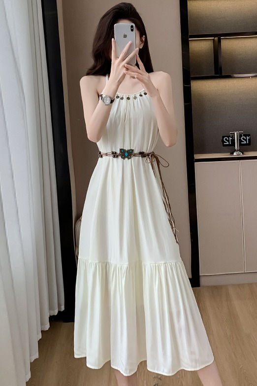 鹽系設計感時尚長裙超仙系帶露背純色甜美連衣裙兩件套女