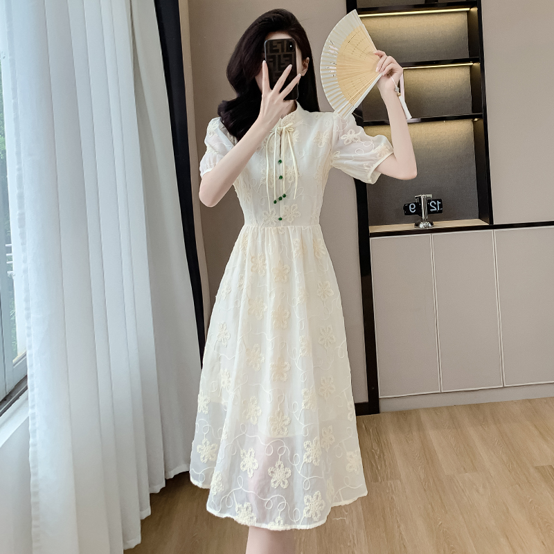 新中式國風立領提花連衣裙女夏季小眾高級感收腰顯瘦中長裙