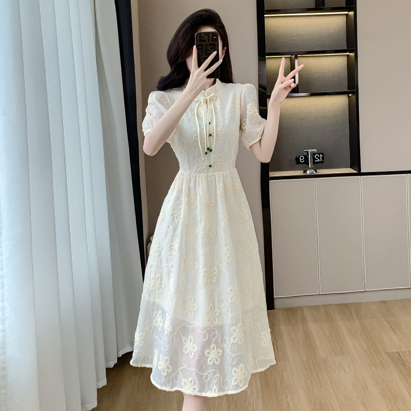 新中式國風立領提花連衣裙女夏季小眾高級感收腰顯瘦中長裙