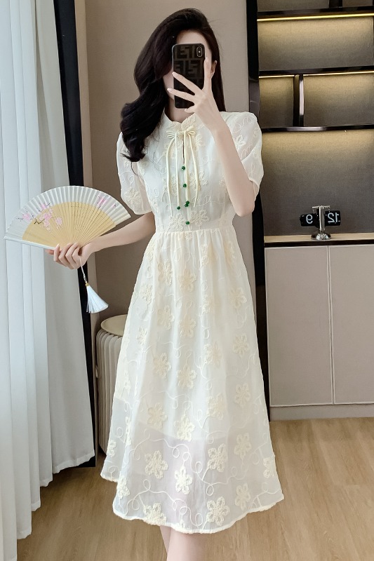 新中式國風立領提花連衣裙女夏季小眾高級感收腰顯瘦中長裙