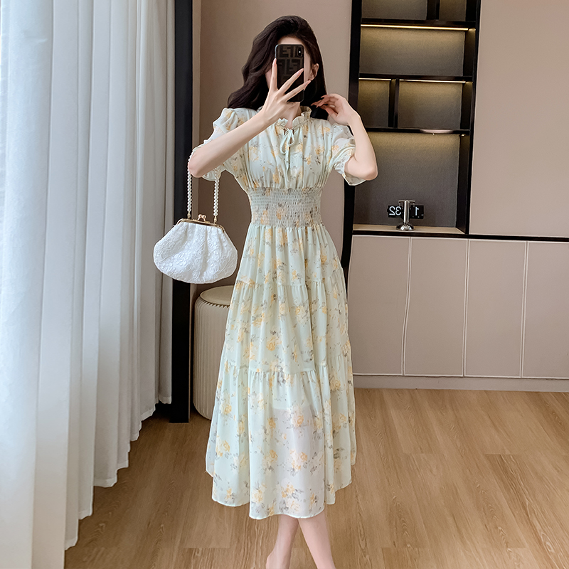 新法式碎花雪紡連衣裙夏季女裝時尚氣質收腰顯瘦甜美減齡