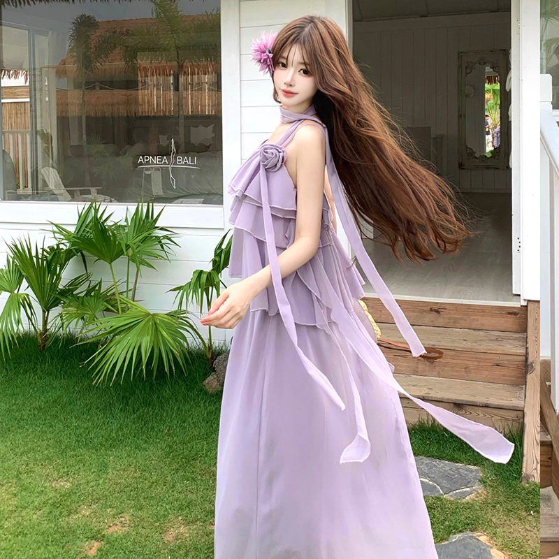 法式紫色吊帶長裙女夏寬松顯瘦慵懶風大裙擺飄逸連衣裙過膝仙女裙