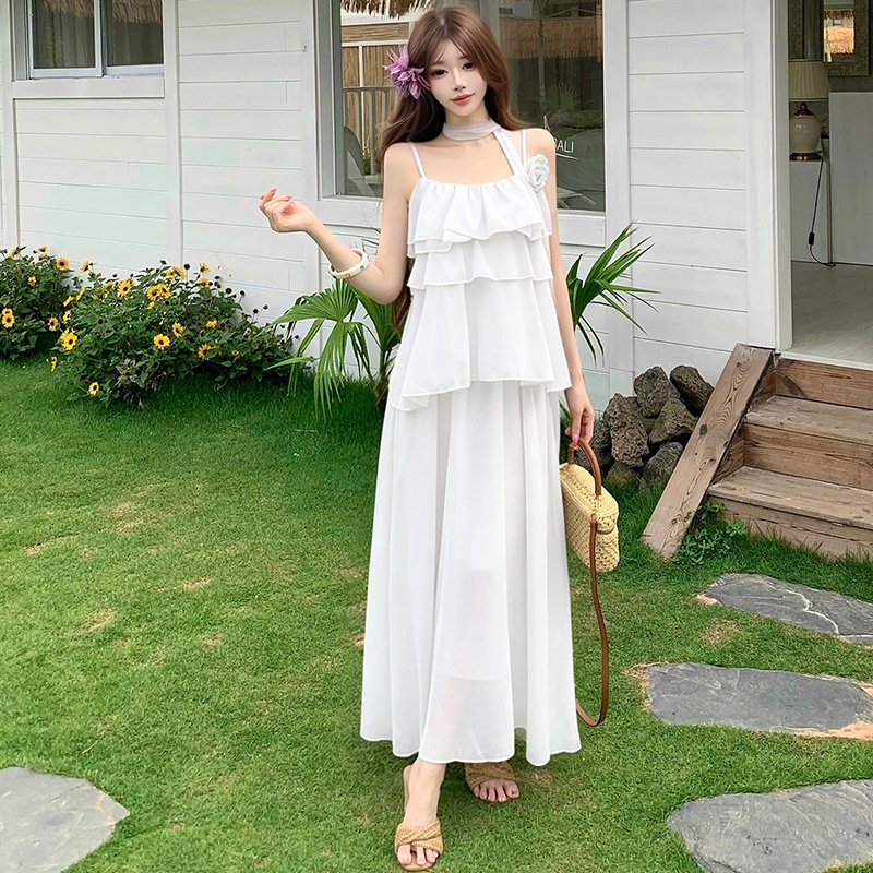 法式紫色吊帶長裙女夏寬松顯瘦慵懶風大裙擺飄逸連衣裙過膝仙女裙