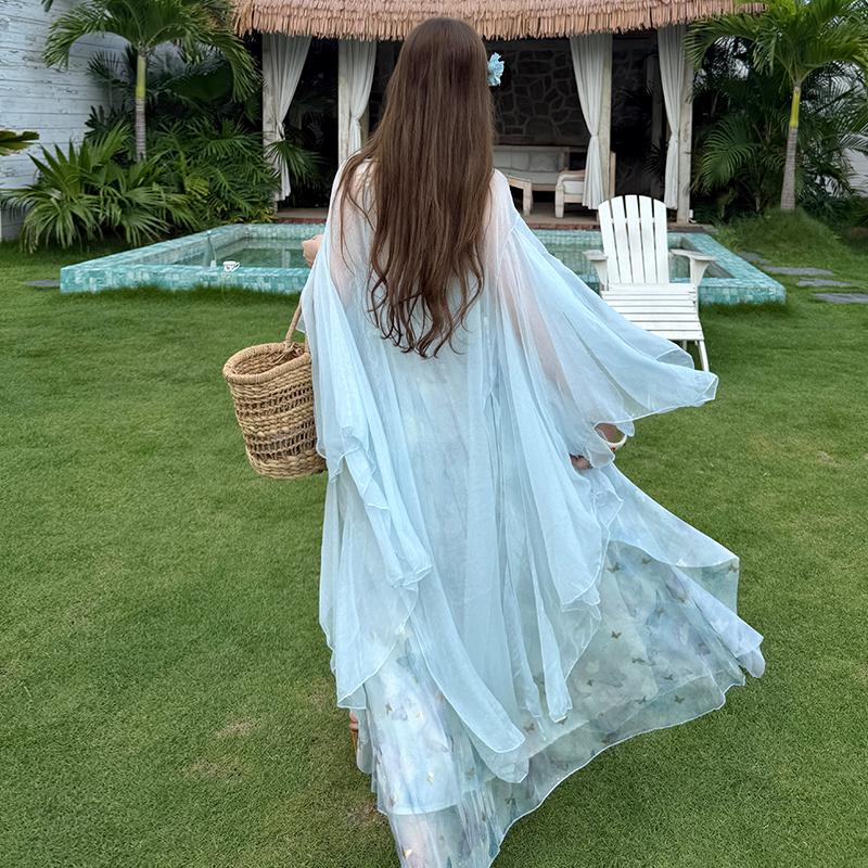 茶歇法式藍色吊帶連衣裙女夏季大碼海邊度假沙灘長裙日落仙女裙子