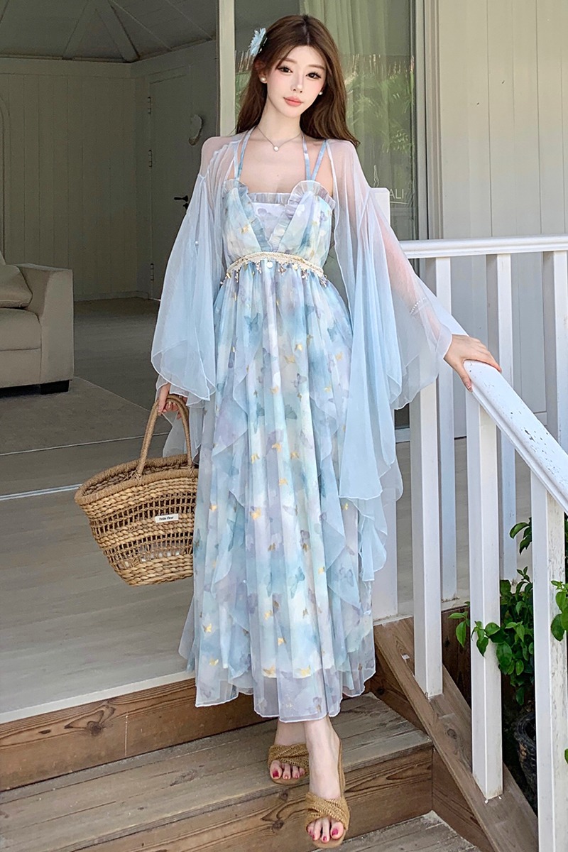 茶歇法式藍色吊帶連衣裙女夏季大碼海邊度假沙灘長裙日落仙女裙子