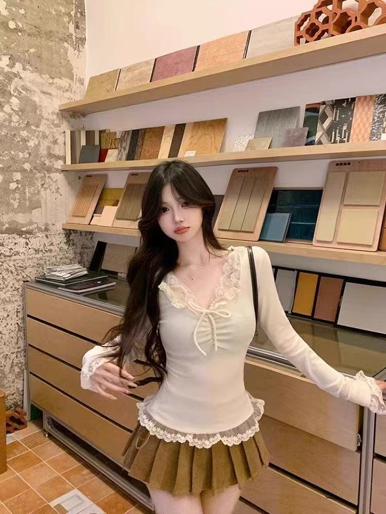 MY15408# 韩系蕾丝花边长袖t恤新款纯欲风修身女裝貨源服裝批發