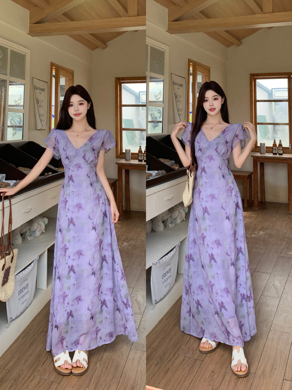 MY9834# 大码夏季v领露背泡泡短袖修身显瘦长款A字蝴蝶印花紫色连衣裙女裝貨源服裝批發